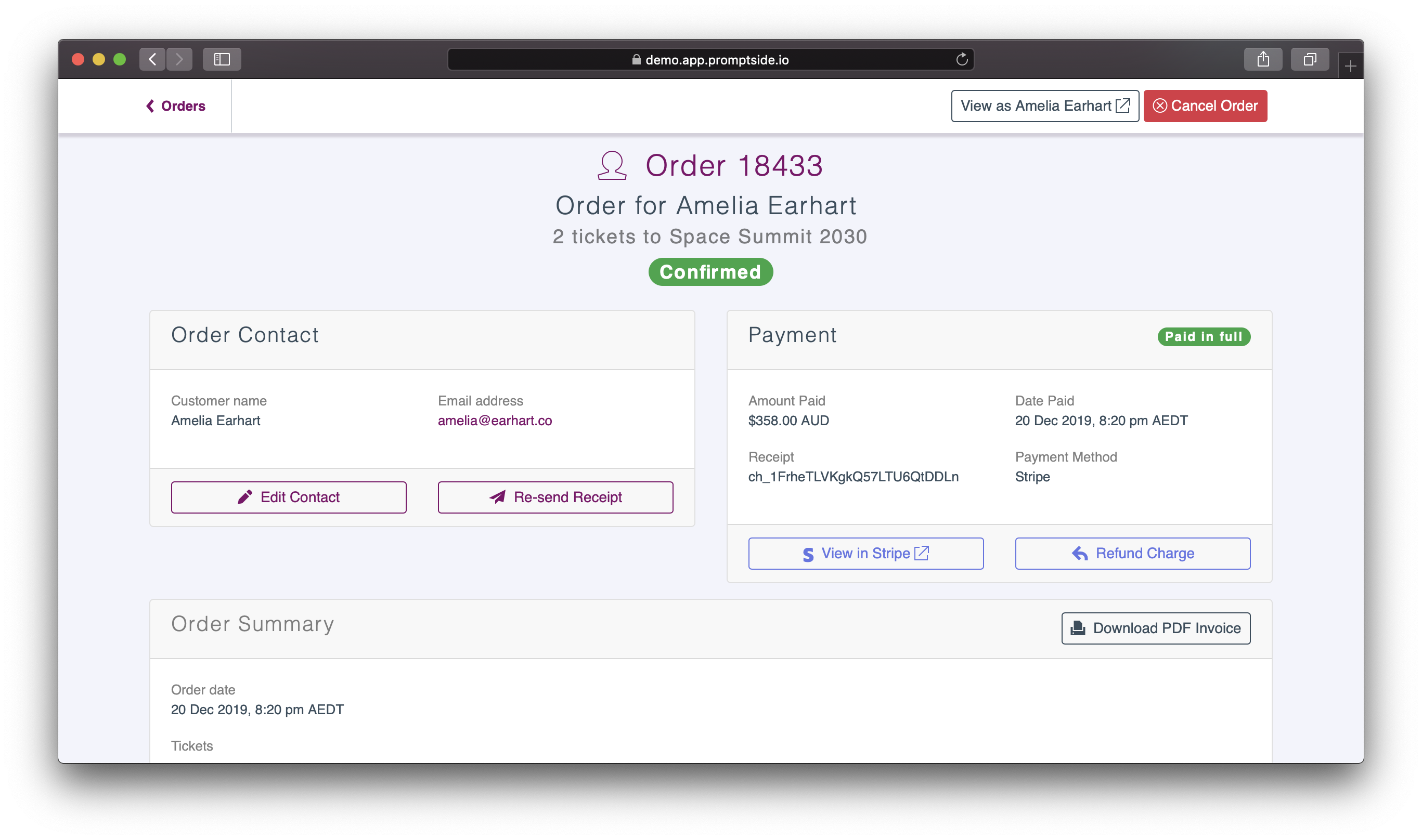 Screenshot of an administrators view of a customer order in Promptside