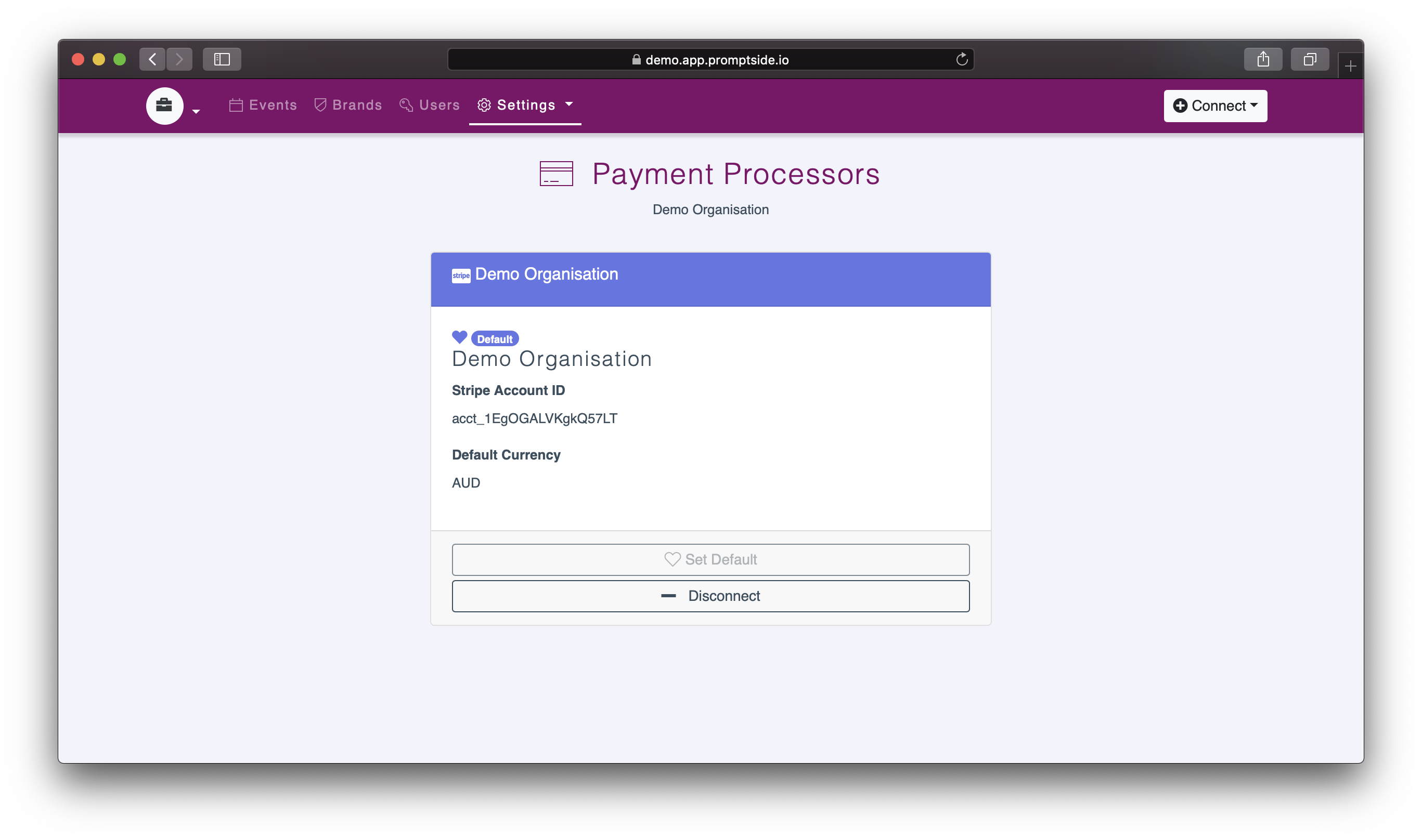 Screenshot of a dashboard showing a connected payment processor, Stripe.